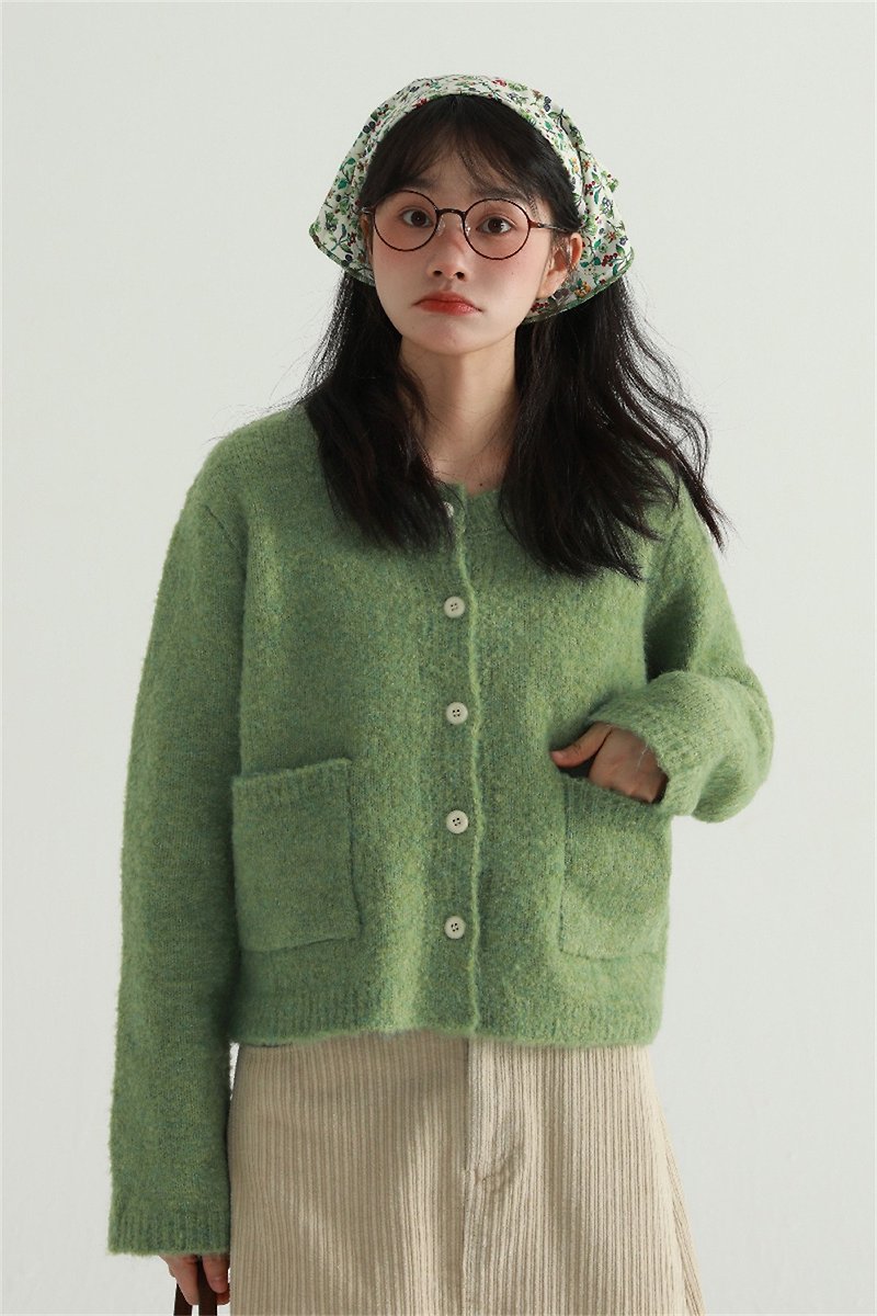 綠/黃 簡約日系毛衣外套 圓領百搭短款寬鬆休閒針織開衫 均碼