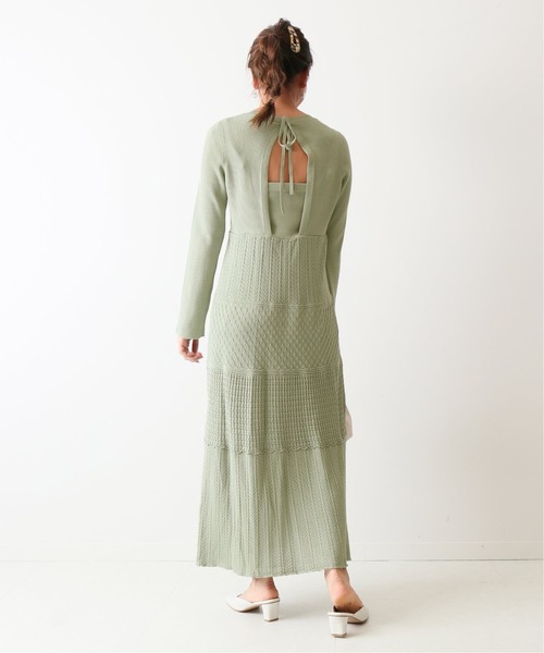 朦朧綠背後鏤空鉤針編織連身裙