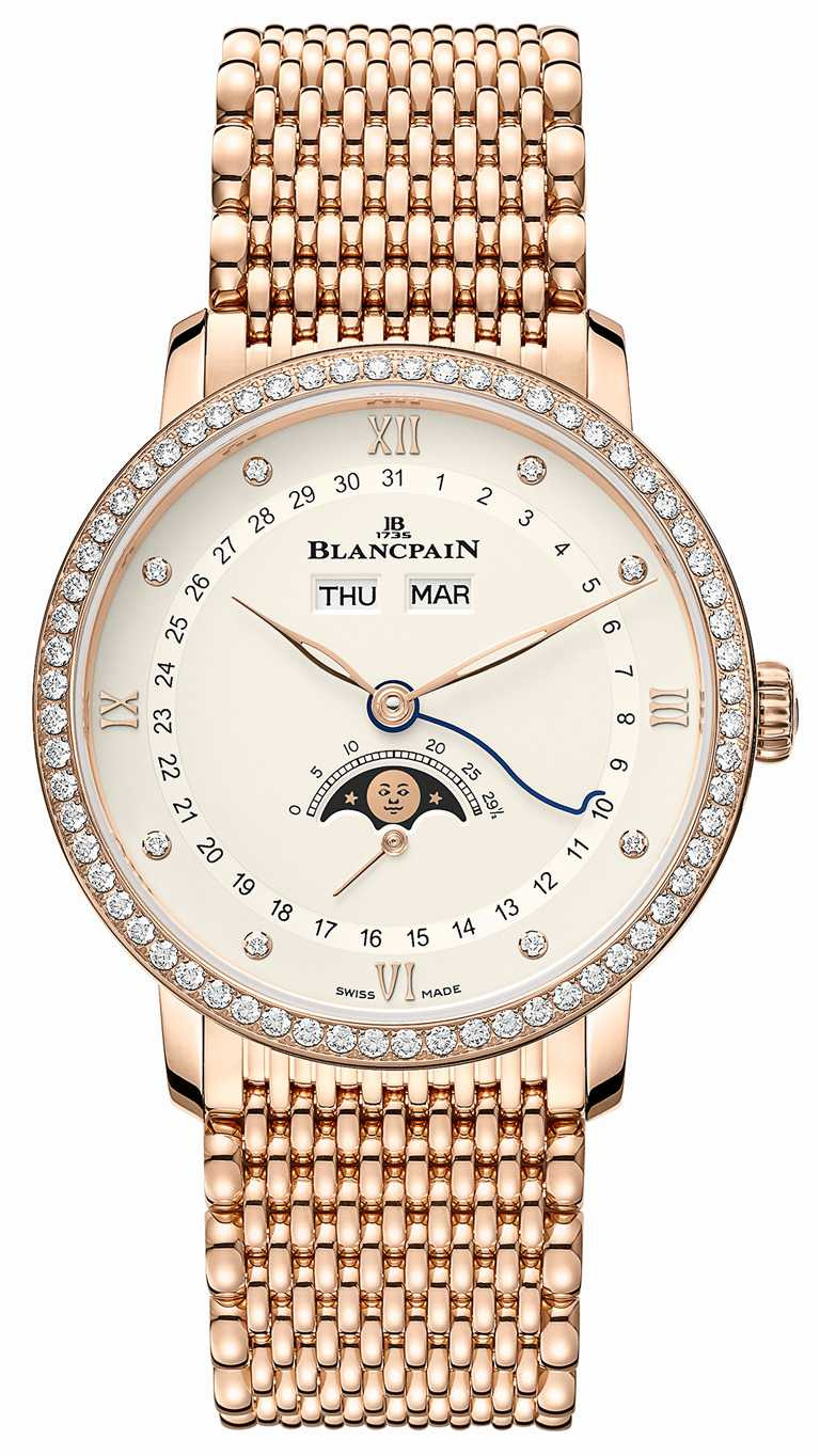 BLANCPAIN「Villeret系列Quantième Complet」全日曆月相腕錶，18K紅金錶殼，米蘭鍊帶錶帶，38mm，鑽石0.91克拉╱1,434,000元。（圖╱BLANCPAIN提供）