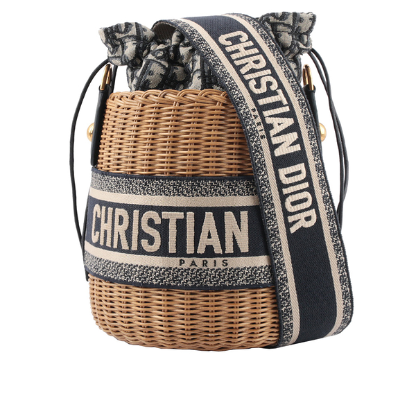 【DIOR】WICKER 柳條編織緹花水桶包(自然色/藍色) CD13000001 M7600CMVO_M918