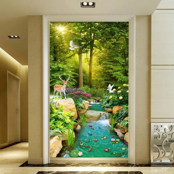 3D立體玄關過道走廊豎版進門墻樹林大自然風景背景墻壁紙壁畫