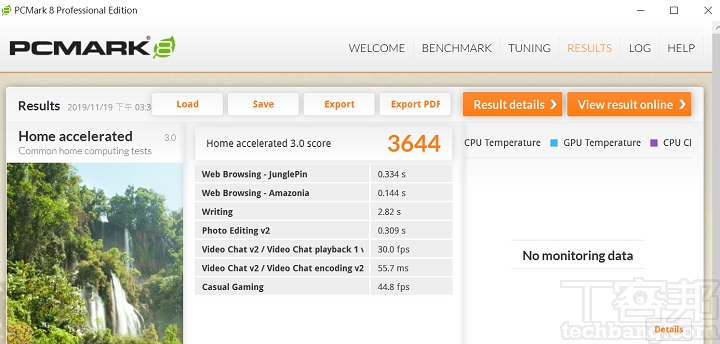 在 PCMark 8 Home 模式下，是以文書處理、瀏覽網頁、視訊通話等等的情境，測得 3,644 分。