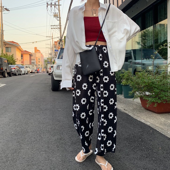 [現貨] 開衫背心褲子分開拍 新款純色防曬開衫薄外套+針織純色短款露臍吊帶背心+高腰碎花長褲寬褲闊腿褲 甜美三件套