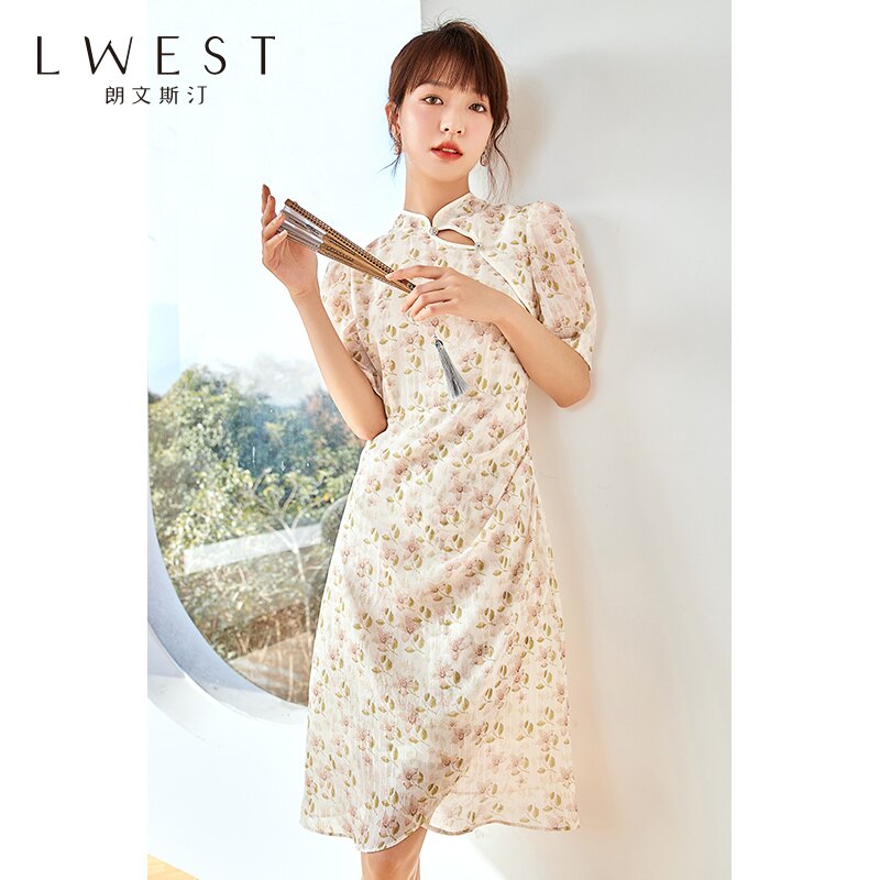 國風碎花連衣裙女2022春裝新款朗文斯汀立領氣質顯瘦改良旗袍裙子