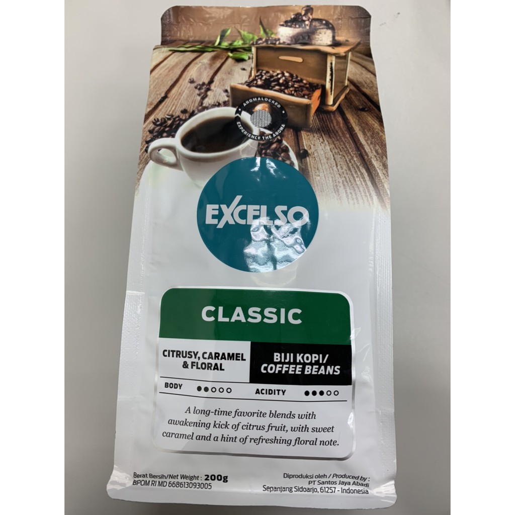 印尼咖啡經典品牌EXCELSO，咖啡豆的香味細膩而獨到，喜歡品嘗各式咖啡的老饕，不妨於悠閒時間磨個豆子，品味一杯吧產地：印尼淨重：200g效期：2021/06/10【超取】一箱可裝20包，超過請改【宅