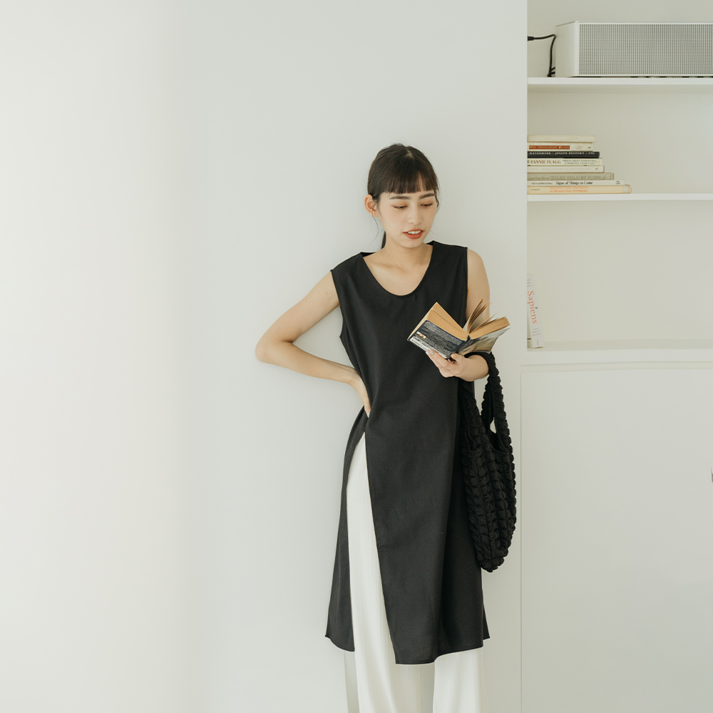 側開衩設計長版棉麻背心洋裝 兩色售