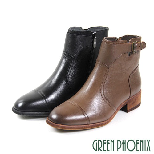 鞋款品名：仿舊金屬扣線條感真皮細絨毛低粗跟短靴商品尺寸：36、37、38、39、40商品顏色：咖啡、黑色鞋跟高度：3.5cm 筒圍：彈性範圍26-28.5cm 筒長：12cm鞋款材質：鞋面-高級牛皮、