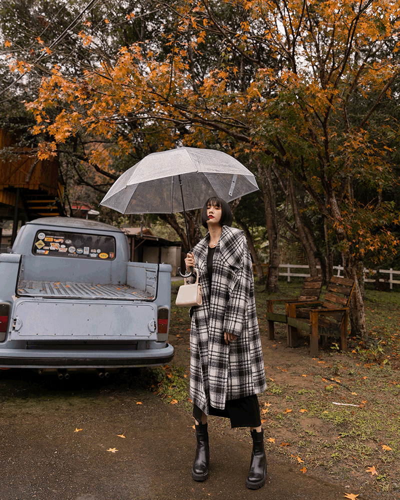 質感翻領格紋大衣-Mercci22