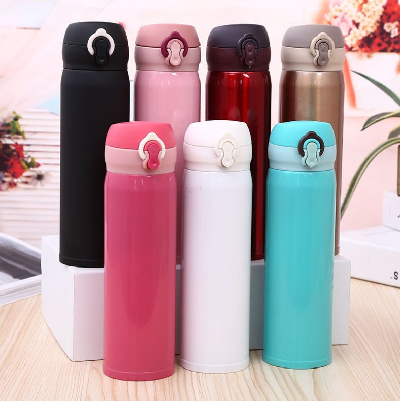 產品名稱：不銹鋼彈跳杯 產品材質：304不鏽鋼 + 食品級PP塑件 產品顏色：黑色．玫紅色．粉色．白色．紅色．淺藍色．金色 產品尺寸 : 直徑6.5cm，高23cm，容量450ml