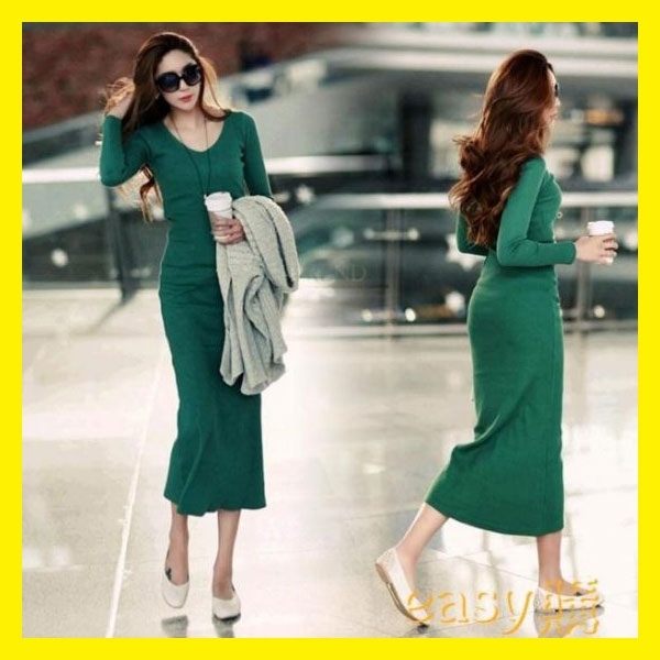 2019秋裝新款女修身過膝連身裙長袖針織性感包臀秋冬打底顯瘦長裙