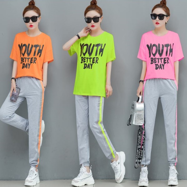 M-3XL韓版高彩度YOU短袖T恤+側邊線條顯瘦長褲(兩件式運動套裝)3色-優美依戀