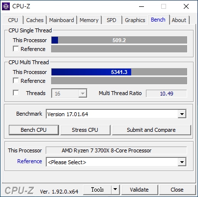 在CPU-Z處理器效能測試中，單執行緒可達509.2分，多執行緒則是有5341.3分。