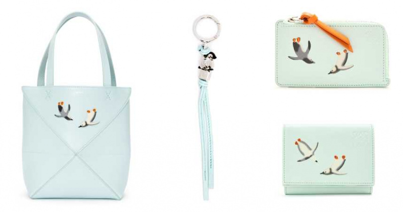 Puzzle Fold冰川藍企鵝刺繡小牛皮托特包、企鵝鑰匙圈、藍綠色企鵝刺繡零錢卡夾包、藍綠色企鵝刺繡短夾／均價格店洽（圖／品牌提供）