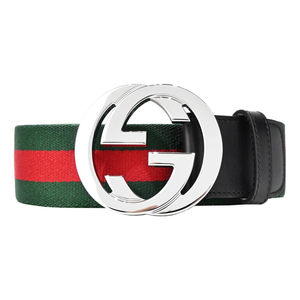 GUCCI 紅綠織紋皮革飾邊亮面雙G金屬扣皮帶(銀x黑)