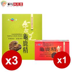 ◎補充元氣|◎健康維持|◎營養補給商品名稱:天官靈芝龜鹿精3盒(9瓶/盒)+靈芝龜鹿精1盒(3瓶)品牌:華陀扶元堂類型:銀髮保健食品類型:凍狀全素:否主成分:龜鹿原膠商品成分:品名1：天官靈芝龜鹿精3