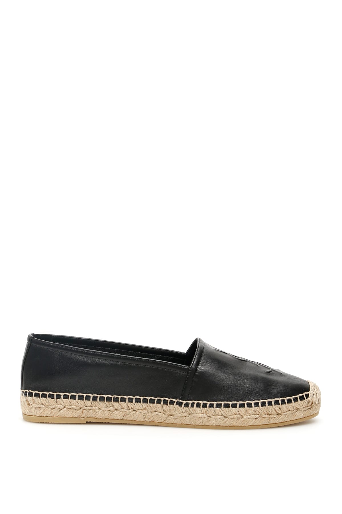 Saint Laurent leather espadrilles with embossed YSL logo on the front and woven rope base. Leather l