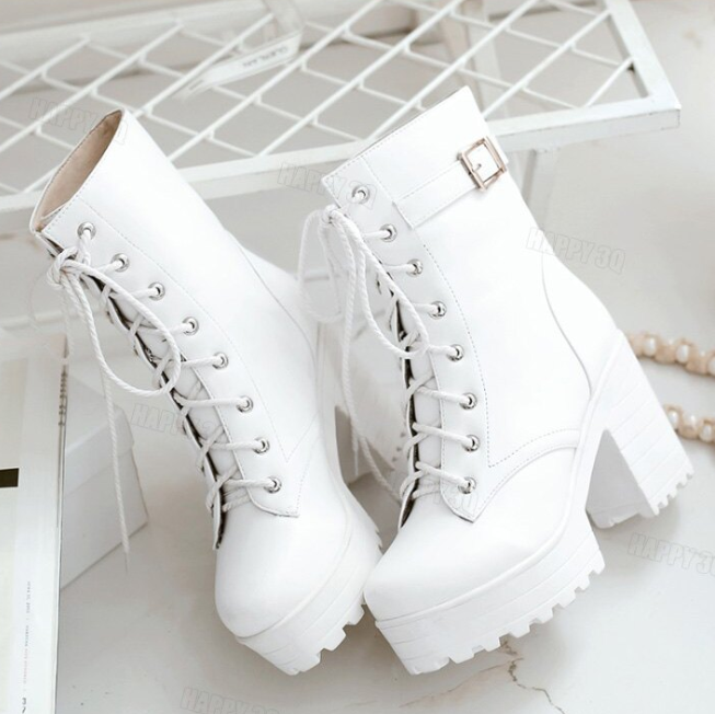 粗跟短靴綁帶女鞋子休閒鞋子馬丁靴白靴基本款女鞋加大-白/黑34-43【AAA4756】