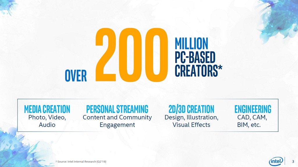 ▲ 截至 2019 年第二季為止，Intel 內部調查顯示使用 PC 作為創意內容生產平台的使用者，全球高達 200 萬以上人數，生產內容包含音訊、影像，甚至是商業規格的 2D/3D 媒體、工程技術等領域。