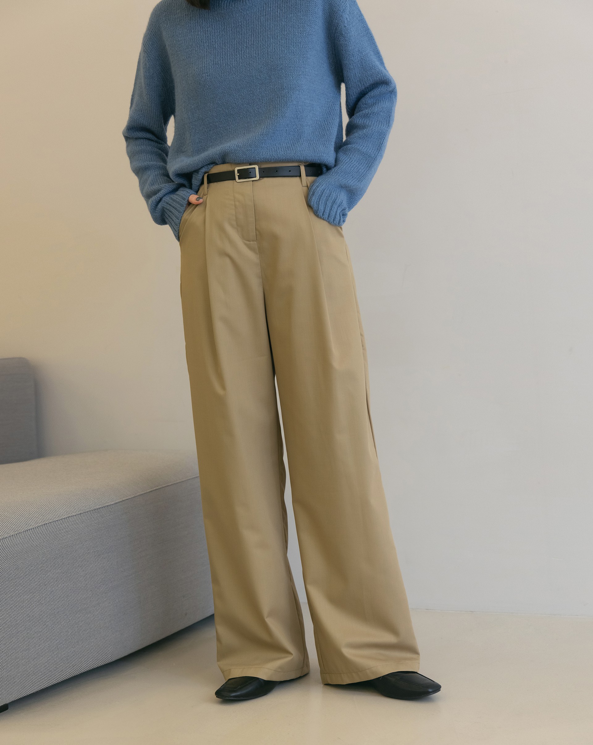 滑料打摺落地西裝褲(附皮帶)-Meierq