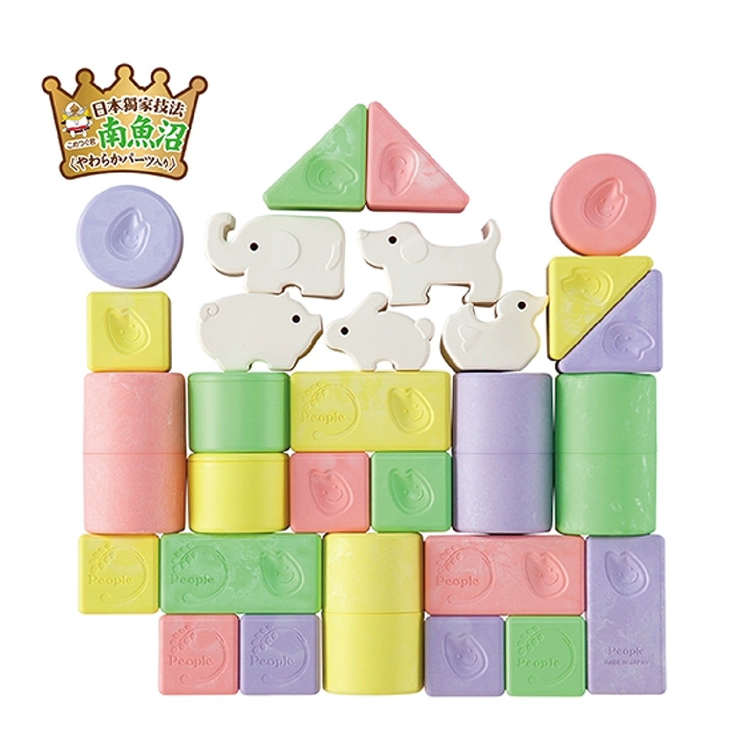 原料 51% 是日本國產米。散發出淡淡的米飯香，日本原裝製造。新生兒可玩的形狀積木。特別加入柔軟材質，適合什麼都想放進口裡的小寶寶而設計。大小適中小手好拿取、打到也不會痛