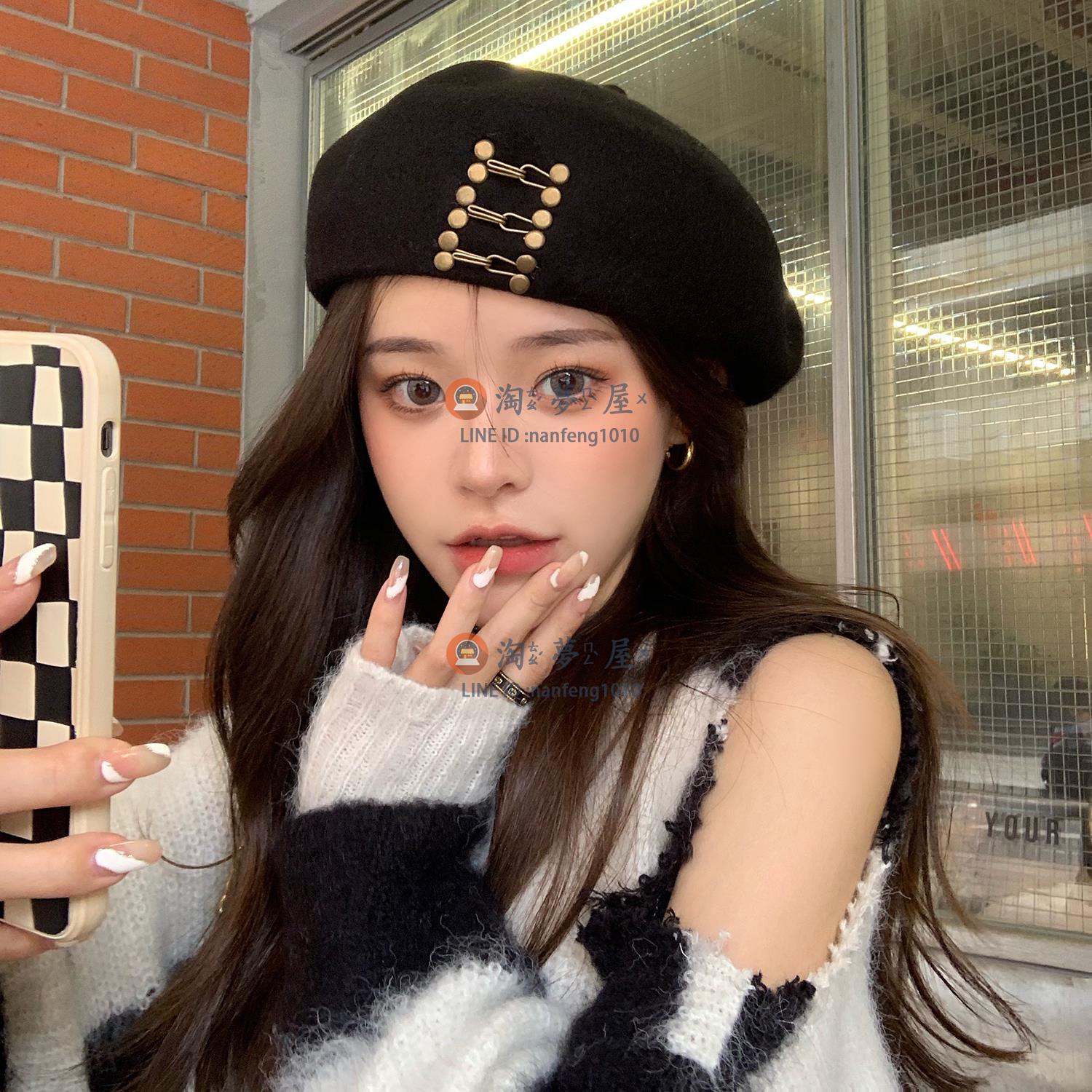 蓓蕾帽復古銅扣黑色毛呢貝雷帽 女秋冬季韓系畫家帽子女冬【淘夢屋】