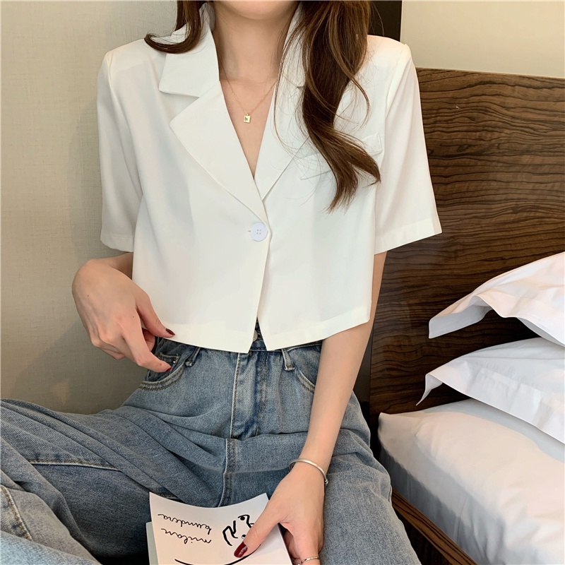 【優美依戀】短袖短版上衣 夏季休閒短袖西裝外套 新款韓版ins上衣 素色開衫 短款短袖小西服 西裝外套女