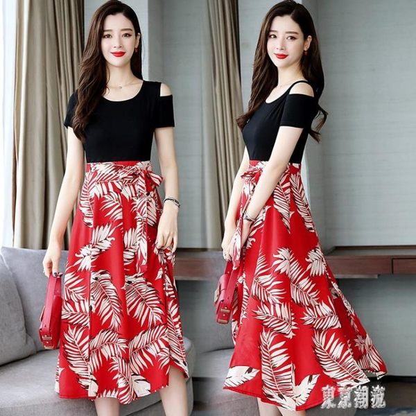 大碼連身裙顯瘦夏季新款女裝胖mm中長款短袖露肩碎花雪紡洋裝 XN84『東京潮流』