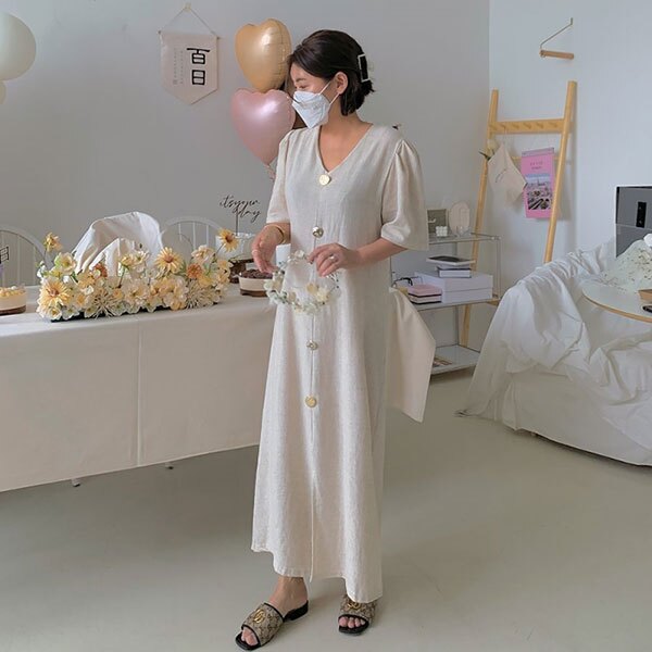 ANNAS 正韓 金屬釦 洋裝 棉麻 短袖 長裙 長洋裝 V領 排扣 名媛 貴婦 氣質 婚禮穿搭 顯瘦 腰身 韓國