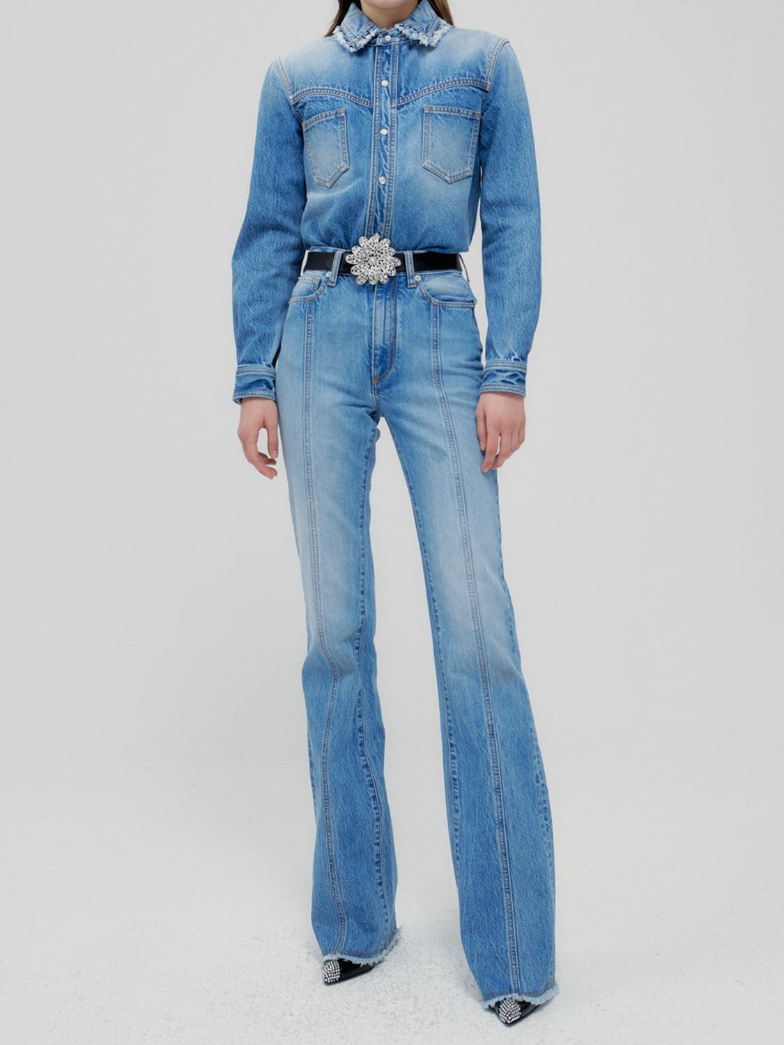 Denim Flared Jeans W/ Embroidered Logo