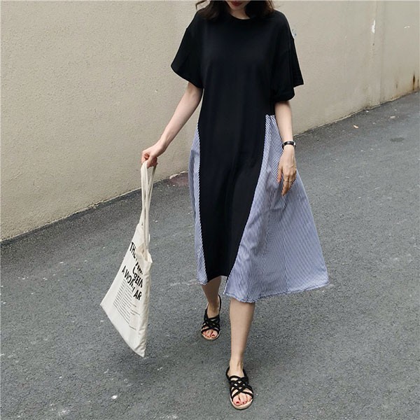 NXS 大裙擺 拼接 條紋 洋裝 短袖 長裙 連衣裙 連身裙 棉質 寬鬆 顯瘦 彈性 韓國 度假