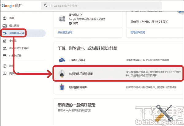 1.進入 Google 個人帳戶，在「資料和個人化」項目中點選「為您的帳戶擬定計劃」。