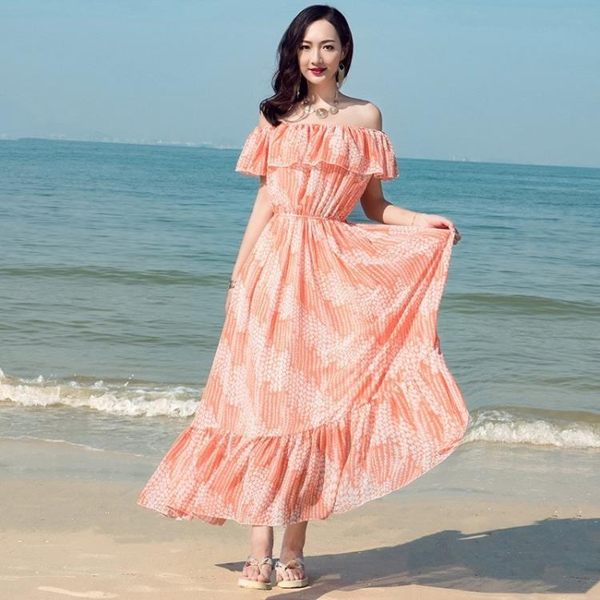 長裙波西米亞8569#（實拍）夏露肩一字領長裙海邊度假沙灘裙印花雪紡修身顯瘦(NE434)皇潮天下