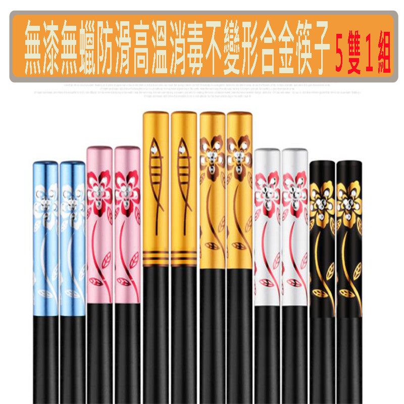 無漆無蠟防滑高溫毒不變形合金筷子5雙一組 顏色(桔.銀.紅.黑.藍)五色各一組(透明密封盒中文板) 尺吋: 總長24cm(正負5%) 材質玻纖維和高韌性 分子材料壓制而成非金屬 產品理念為品質餐桌而研