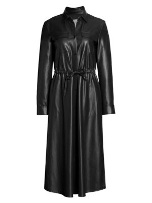 A sleek shirt dress with a sheen finish, vegan leather craftsmanship, and a feminine fit-and-flare s