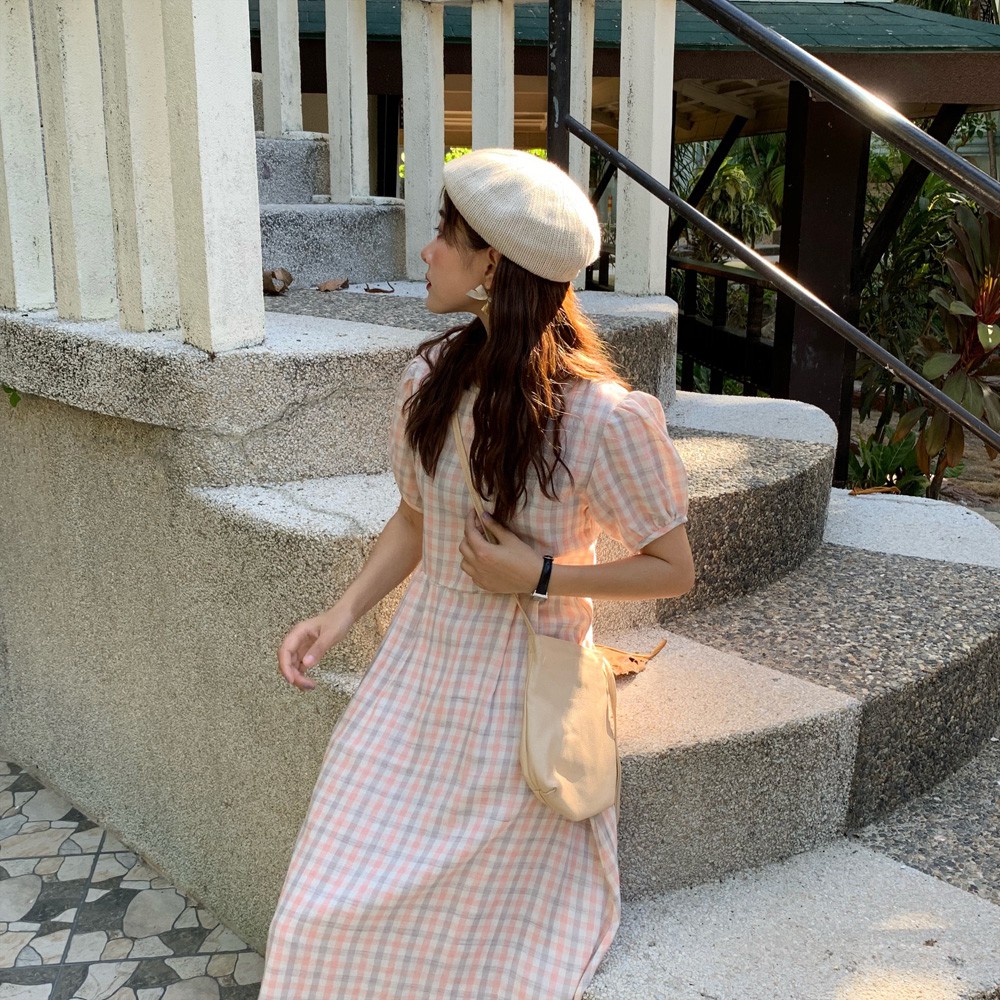 [現貨]GRASS 溫柔的拼色格子洋裝 格子連身裙 連衣裙 格子洋裝 格紋裙 長裙A字裙 泡泡袖洋裝 [C2921]