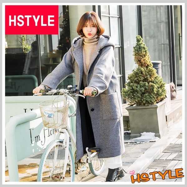 毛呢外套 排扣口袋連帽毛呢長大衣KY20103-創翊韓都