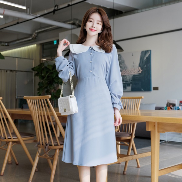 [ATTRANGS官方旗艦店]op6494 雙層配色圓領珍珠釦點綴連身洋裝