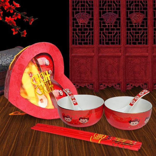 婚慶新娘嫁妝用品 瓷碗情侶碗龍鳳 夫妻碗結婚對碗子孫碗喜碗套裝