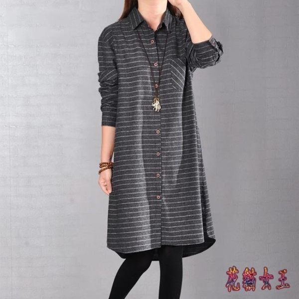 2019秋季韓棉麻上衣長袖條紋襯衫休閒大碼文藝復古打底上衣女