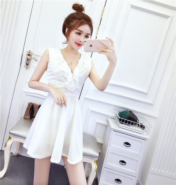 連身裙 夜店性感低胸V領禮服邊無袖短裙收腰顯瘦百褶連衣裙技師工作制服