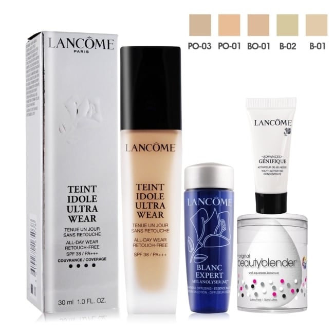 預計出貨日2-5天中文品名：LANCOME 蘭蔻 零粉感無瑕美肌組[零粉感超持久粉底+美妝蛋+精華玫瑰露+肌因賦活露] 規格： LANCOME 蘭蔻 零粉感超持久粉底 SPF38/PA+++(30ml
