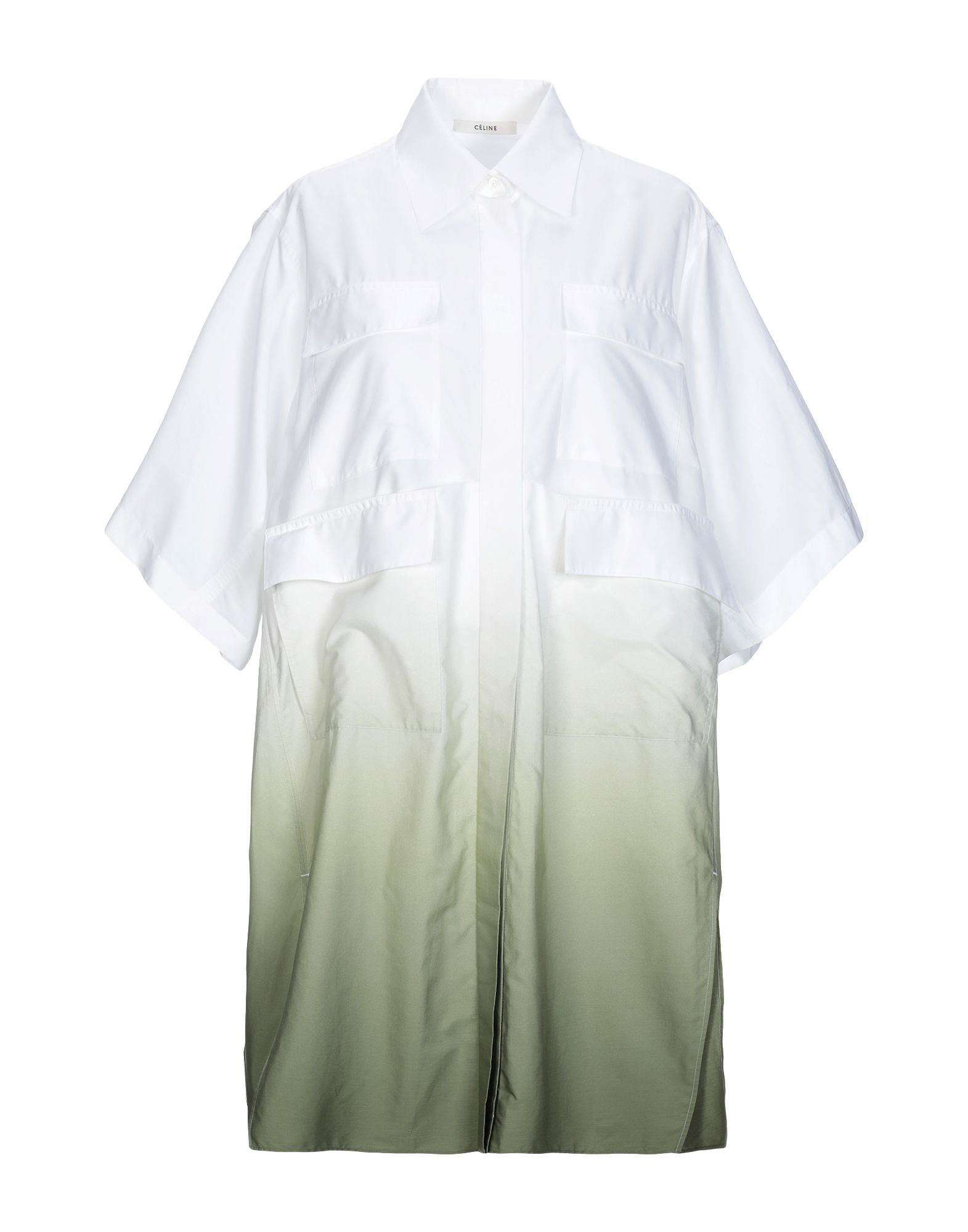 plain weave, no appliqués, shaded effect, solid color, front closure, button closing, short sleeves,