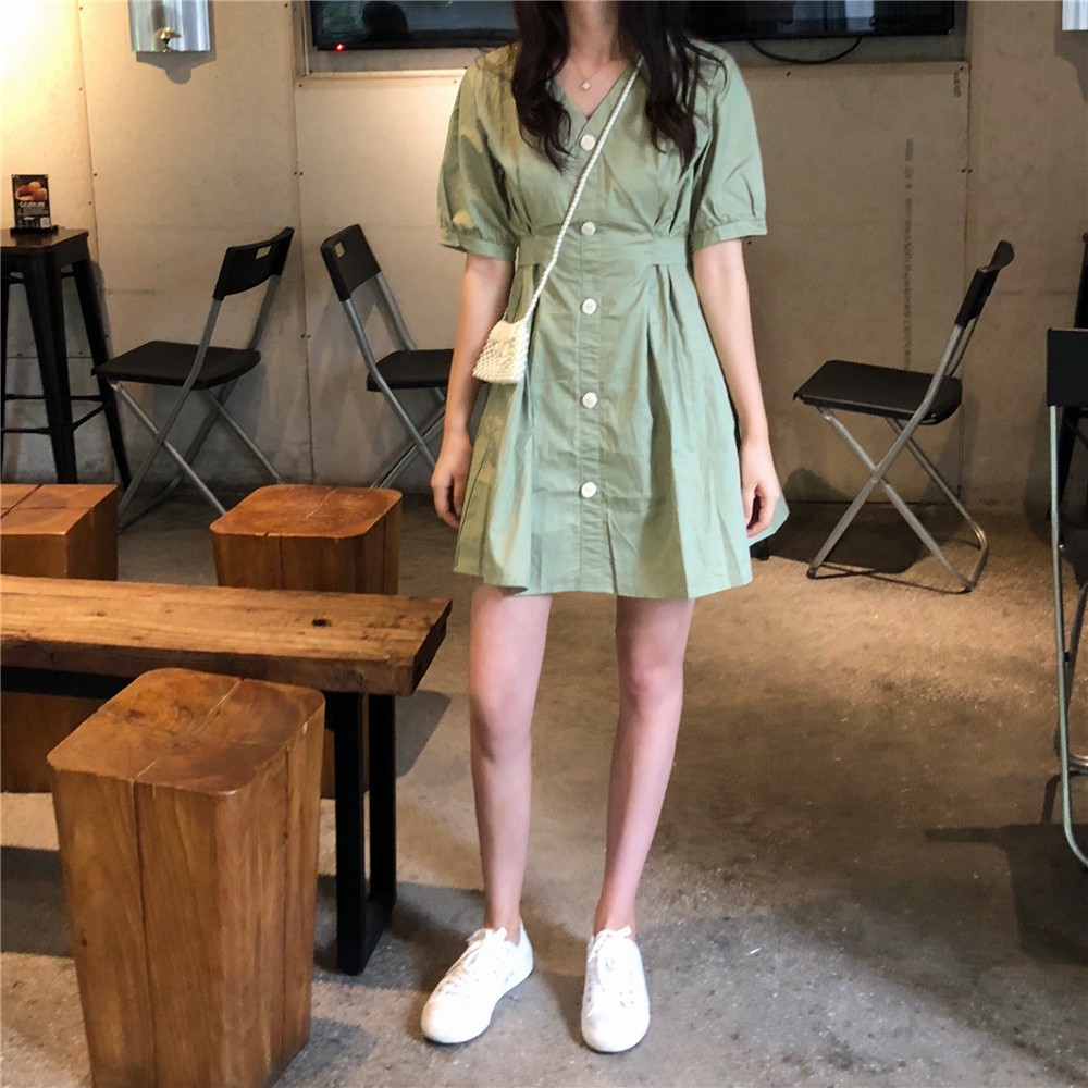 洋裝 休閒洋裝 短袖洋裝 連衣裙 連身洋裝 時尚洋裝 閨蜜裙子夏裝新款韓版寬松收腰V領簡約中長款連衣裙女潮