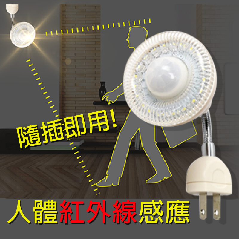 隨插隨用，免拉線、免安裝，好方便!!不論是在走廏、樓梯間、車庫裡、或是門口，都很適合唷!!亮度相當於傳統燈泡的25W，適用於一般2P插座，蛇管可作360度旋轉調整唷!!