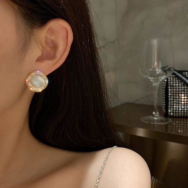 港式貓眼石珍珠純銀耳環韓國2022新款潮簡約香港耳釘氣質高級耳飾