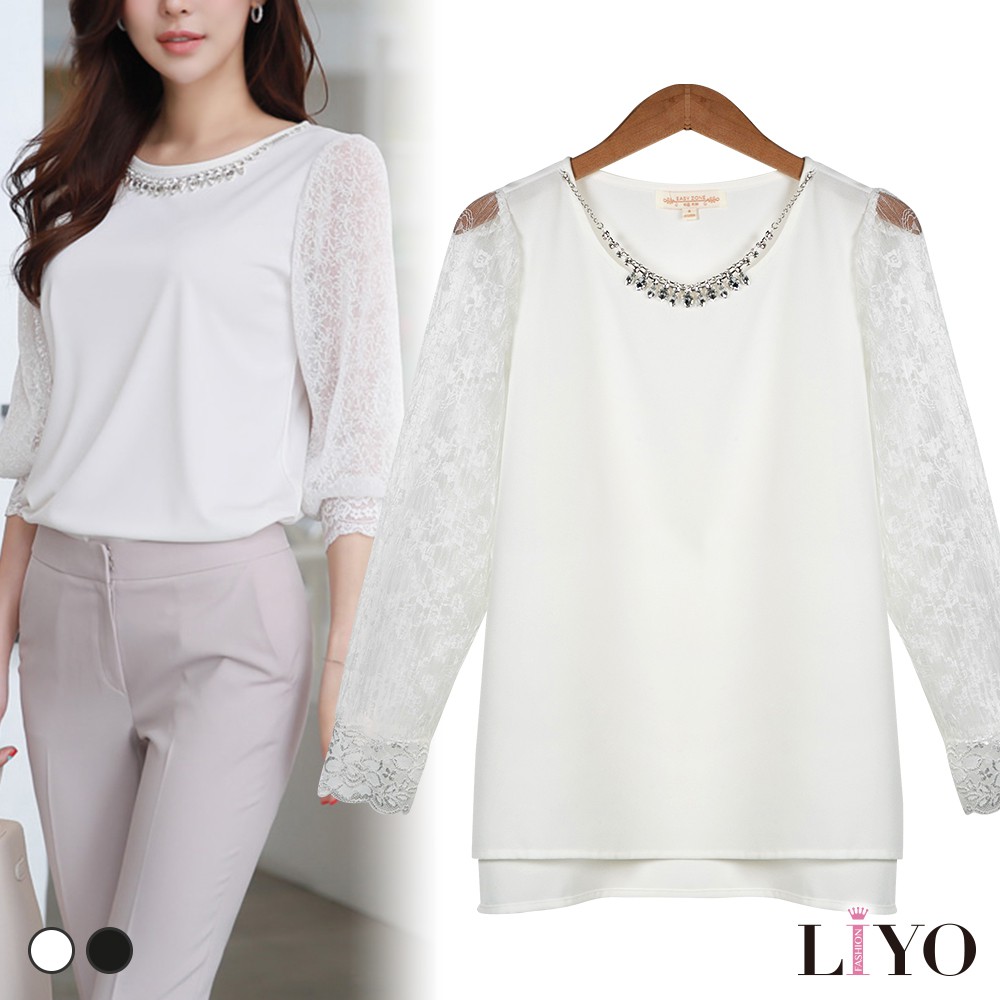蕾絲拼接透膚效果若隱若現小露性感可拆式精緻鑽項鍊增添優雅高貴質感#LIYO理優 #流行女裝 #韓風 #修身 #顯瘦 #春新品#上衣 #長袖 #鏤空蕾絲 #蕾絲 #拼接 #圓領 #蕾絲上衣 #項鍊 #長