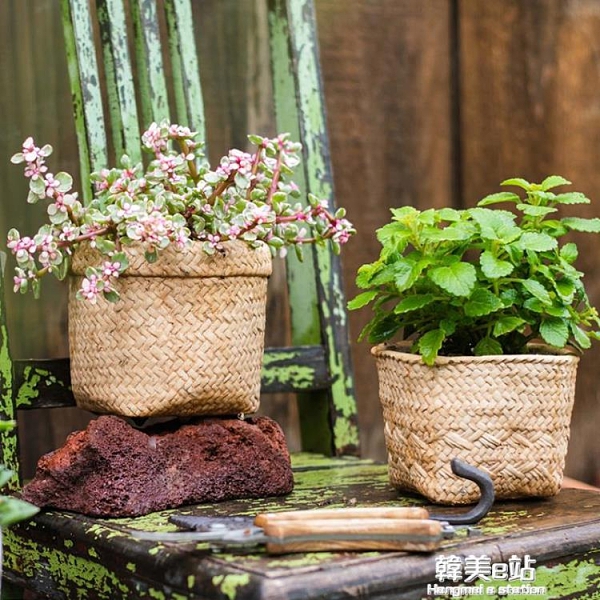 花盆 掬涵 水泥花器裝飾花盆草編質感盆栽桌面擺件多肉陽台創意花園ATF 韓美e站