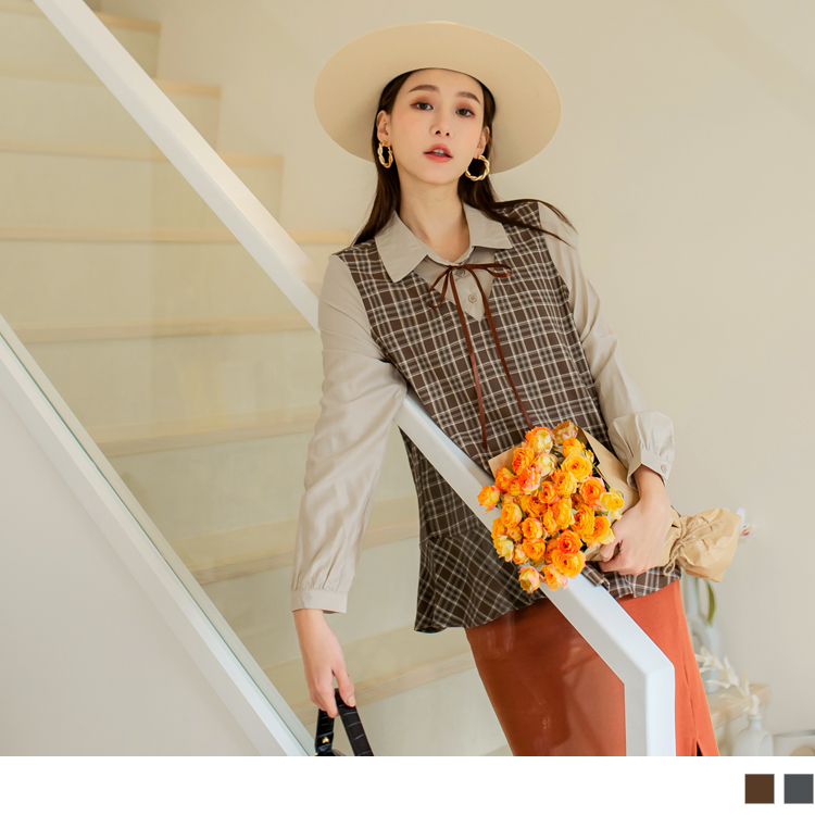 學院風假兩件格紋綁帶荷葉長袖上衣