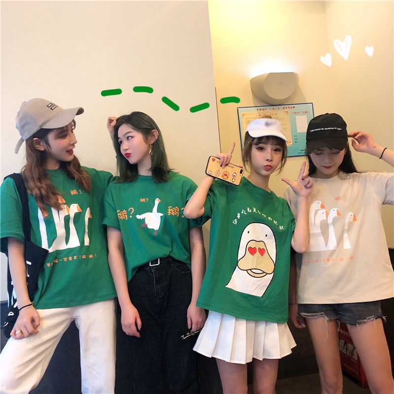 春夏新款韓版可愛卡通鵝鵝鵝印花休閑女生短袖T恤寬松閨蜜上衣