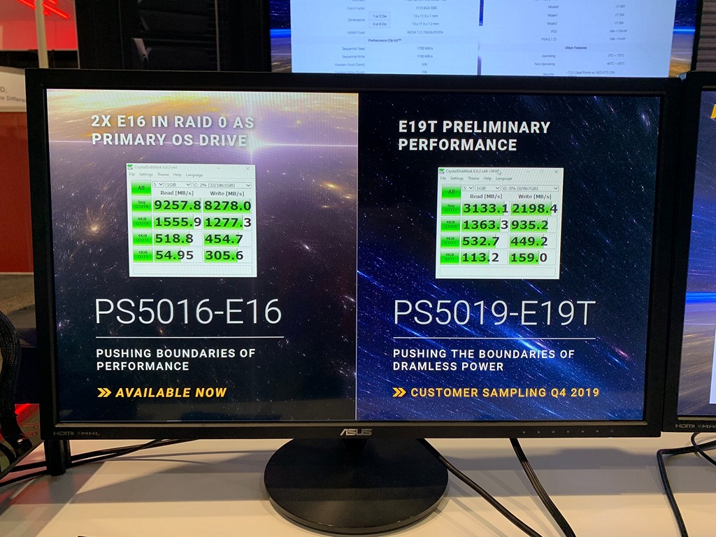 ▲ 圖右為 PS5019-E19T CrystalDiskMark 展示速度，雖然支援 PCIe 4.0 x4 介面，但因內部快閃記憶體通道數量減少，使其傳輸速度大約與現行 PCIe 3.0 x4 SSD 相當。另外也可注意到 4KB Q1T1 隨機讀取突破 100MB/s，相較左方 2 個 PS5016-E16 SSD 組成 RAID 0 快上 2 倍有餘。（圖片來源：Phison）